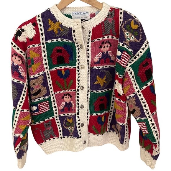 Sweaters - Vtg Northern Isles Hand Knit Cardigan Sweater Sz S Cottagecore Patchwork 90s